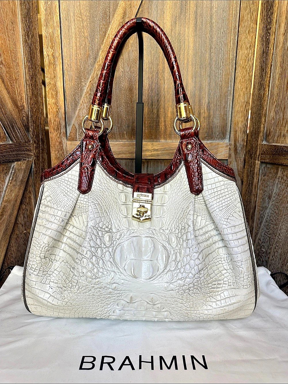 Brahmin Crocodile-Embossed Shoulder Bag in White & Brown